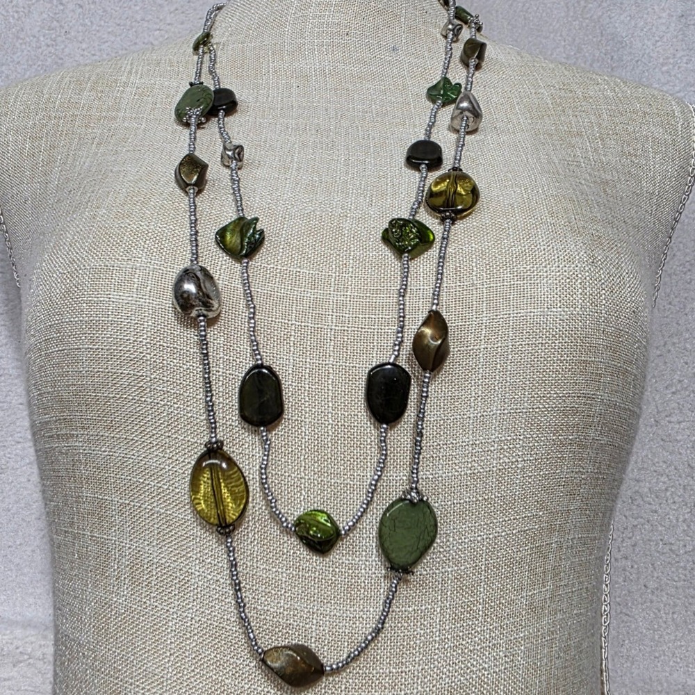 Multi Strand Beaded Necklace Earth Tones Green Brown Silver Tone Accent Stones